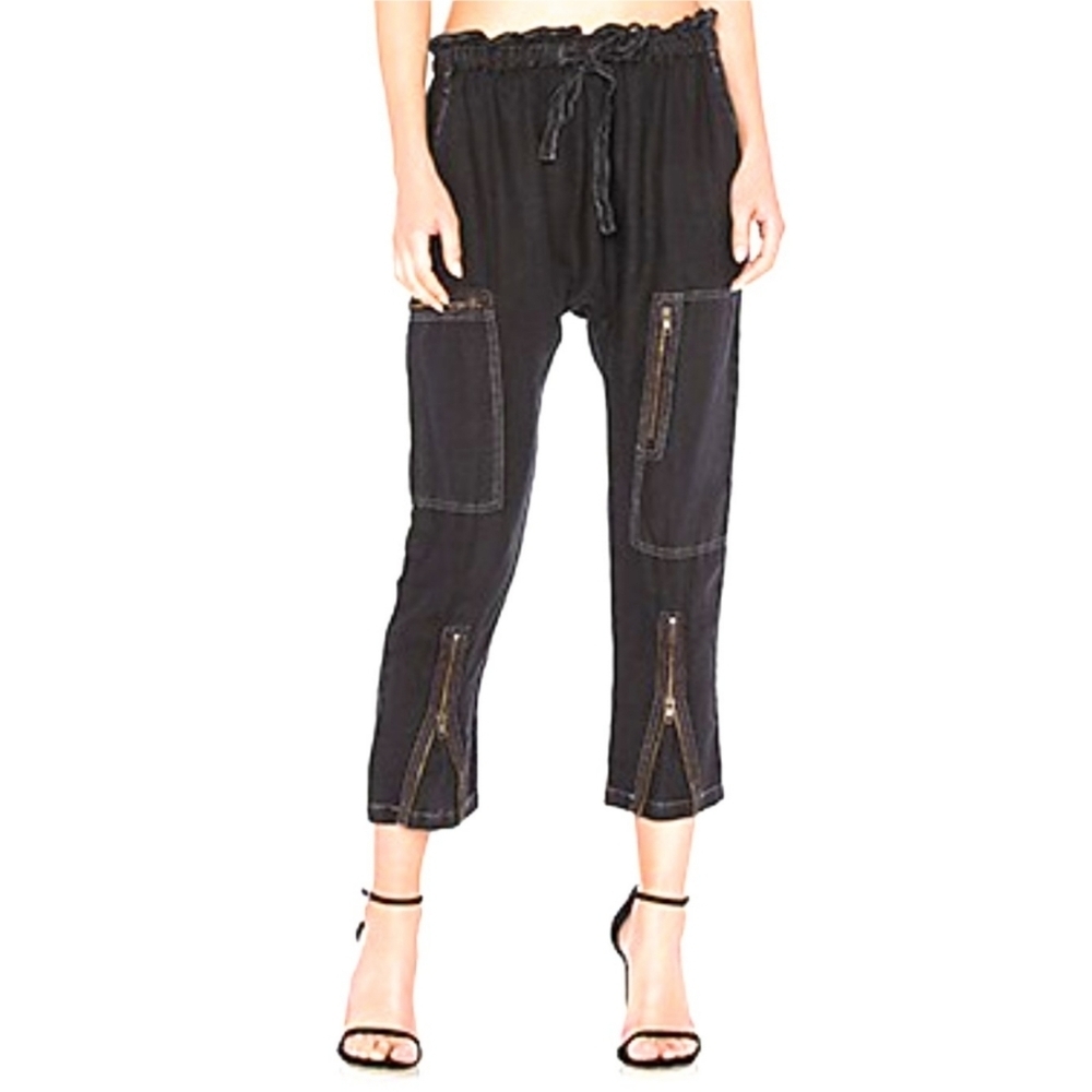 Current Elliott Harem Zip Cargo Pants Size 1=S Black 100% Linen Drop Crotch